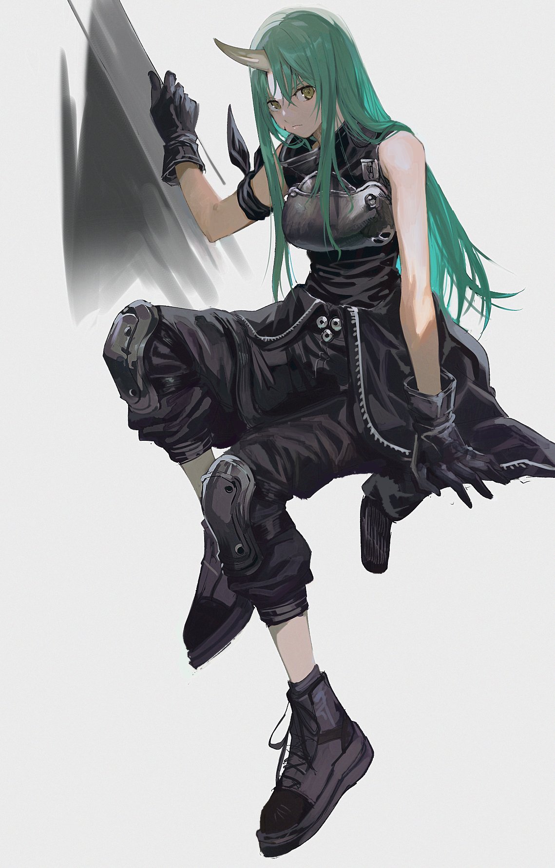 1girl aoki_(fumomo) arknights armband armor black_footwear black_gloves black_pants black_shirt breastplate closed_mouth clothes_around_waist cross-laced_footwear expressionless full_body gloves green_hair grey_background hannya_(arknights) highres horns hoshiguma_(arknights) invisible_chair jacket jacket_around_waist knee_pads long_hair looking_at_viewer oni_horns pants scar scar_on_cheek scar_on_face shield shirt shoes simple_background single_horn sitting sleeveless sleeveless_shirt solo straight_hair turtleneck unzipped yellow_eyes