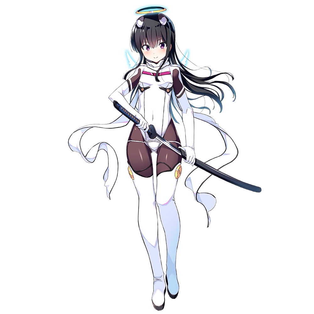 1girl bangs black_hair bodysuit boots covered_navel dennou_tenshi_jibril full_body hairpods halo holding holding_sword holding_weapon katana kuuchuu_yousai long_hair looking_at_viewer official_art pink_eyes sheath smile solo sword thigh-highs thigh_boots transparent_background unsheathing weapon white_footwear