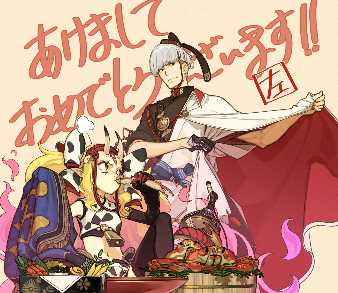 1boy 1girl animal_print bell black_gloves black_legwear blonde_hair breasts brown_eyes bucket cow_print crab crab_leg detached_sleeves eating fate/grand_order fate_(series) food gloves gourd grey_hair hat hidari_(left_side) horns ibaraki_douji_(fate/grand_order) japanese_clothes midriff oni_horns pointy_ears shrimp sitting small_breasts smile thigh-highs twintails watanabe_no_tsuna_(fate/grand_order)