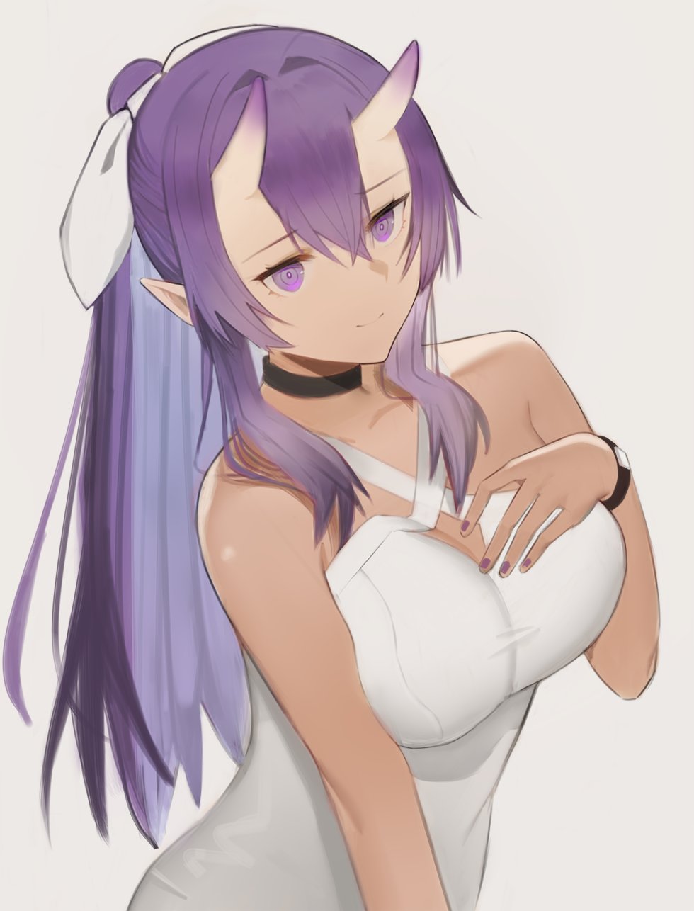 1girl bangs bare_shoulders black_choker breasts choker closed_mouth collarbone dress eyebrows_visible_through_hair hair_between_eyes hair_between_horns highres horns jewelry kyncen large_breasts long_hair looking_at_viewer oni oni_horns pointy_ears purple_hair ribbon simple_background skin-covered_horns sleeveless sleeveless_dress smile solo standing sundress violet_eyes watch watch white_background white_dress