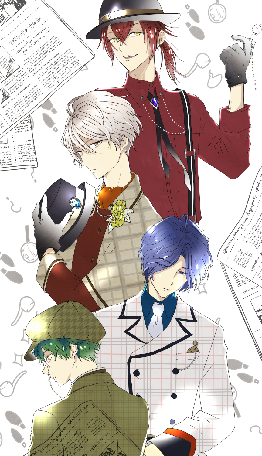 4boys black_headwear black_neckwear blue_hair brooch footprints gloves green_hair hat headwear_removed highres hiyama_takaomi houndstooth jewelry kagura_aki kiiyo looking_at_viewer maki_keita male_focus medium_hair monocle multiple_boys newspaper ootani_hitori orange_neckwear plaid pocket_watch ponytail red_shirt redhead shirt short_hair silver_hair simple_background stand_my_heroes unmoving_pattern watch white_gloves yellow_eyes