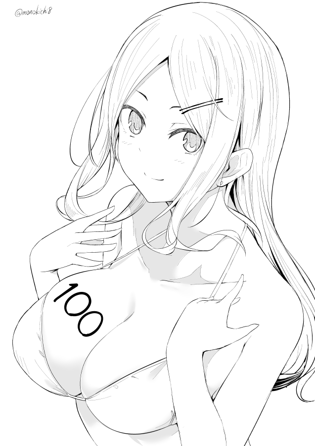 1girl bikini bikini_top blush body_writing breasts closed_mouth greyscale hair_ornament hairclip kichihachi large_breasts long_hair looking_at_viewer monochrome original smile solo swimsuit twitter_username upper_body
