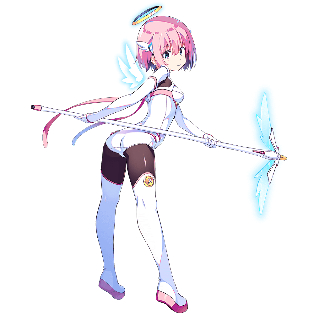 1girl ass bangs blue_eyes bodysuit boots dennou_tenshi_jibril detached_wings full_body green_eyes halo holding holding_staff kuuchuu_yousai looking_at_viewer mini_wings official_art pink_hair short_hair smile solo staff thigh-highs thigh_boots transparent_background white_wings wings