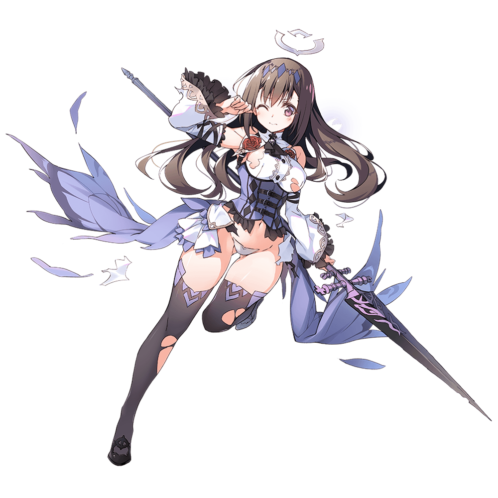 1girl bangs black_footwear brown_eyes brown_hair dennou_tenshi_jibril detached_sleeves full_body hair_ornament high_heels holding holding_weapon lance long_hair looking_at_viewer maebari official_art polearm solo thigh-highs torn_clothes transparent_background weapon wince