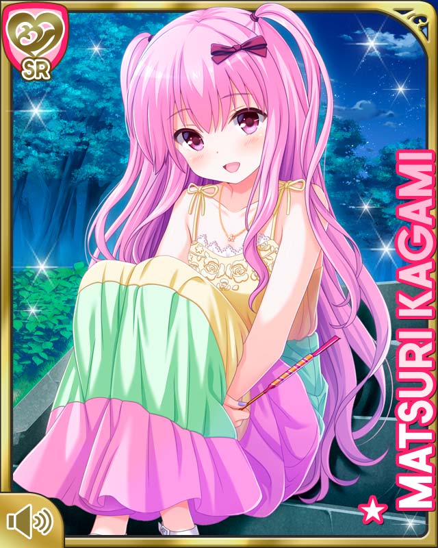 1girl blush bow character_name clouds dress fireworks girlfriend_(kari) hair_bow jewelry kagami_matsuri knees_up leg_hug long_hair looking_at_viewer multicolored multicolored_clothes multicolored_dress necklace night night_sky official_art open_mouth outdoors pink_eyes pink_hair qp:flapper ribbon sitting sky smile solo sparkler stairs star_(sky) sundress tree two_side_up