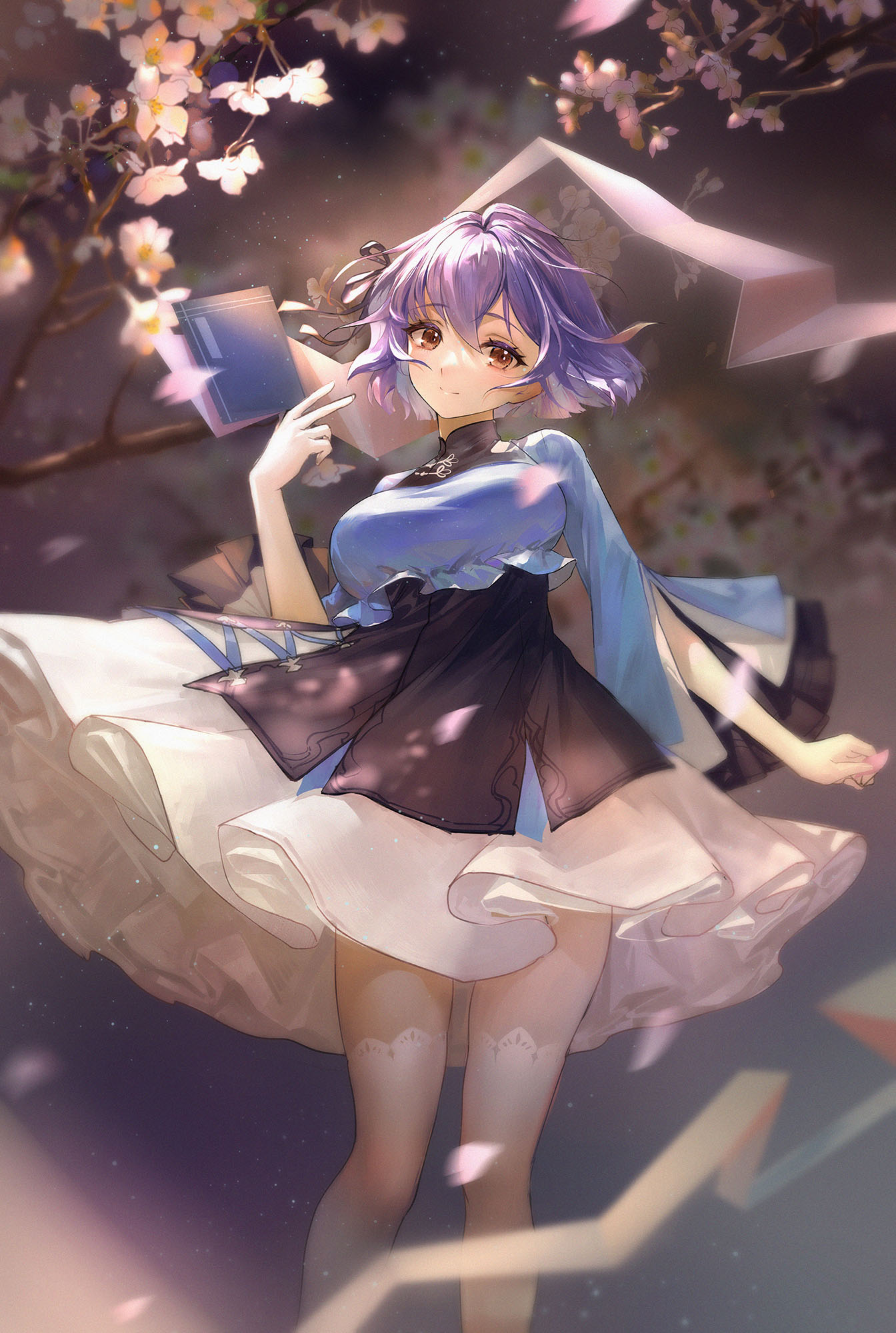 1girl blue_dress brown_eyes commentary_request dress hair_ornament hair_ribbon highres looking_at_viewer masterwork_apocalypse medium_hair orry petals purple_hair ribbon solo thigh-highs tree tree_branch white_legwear