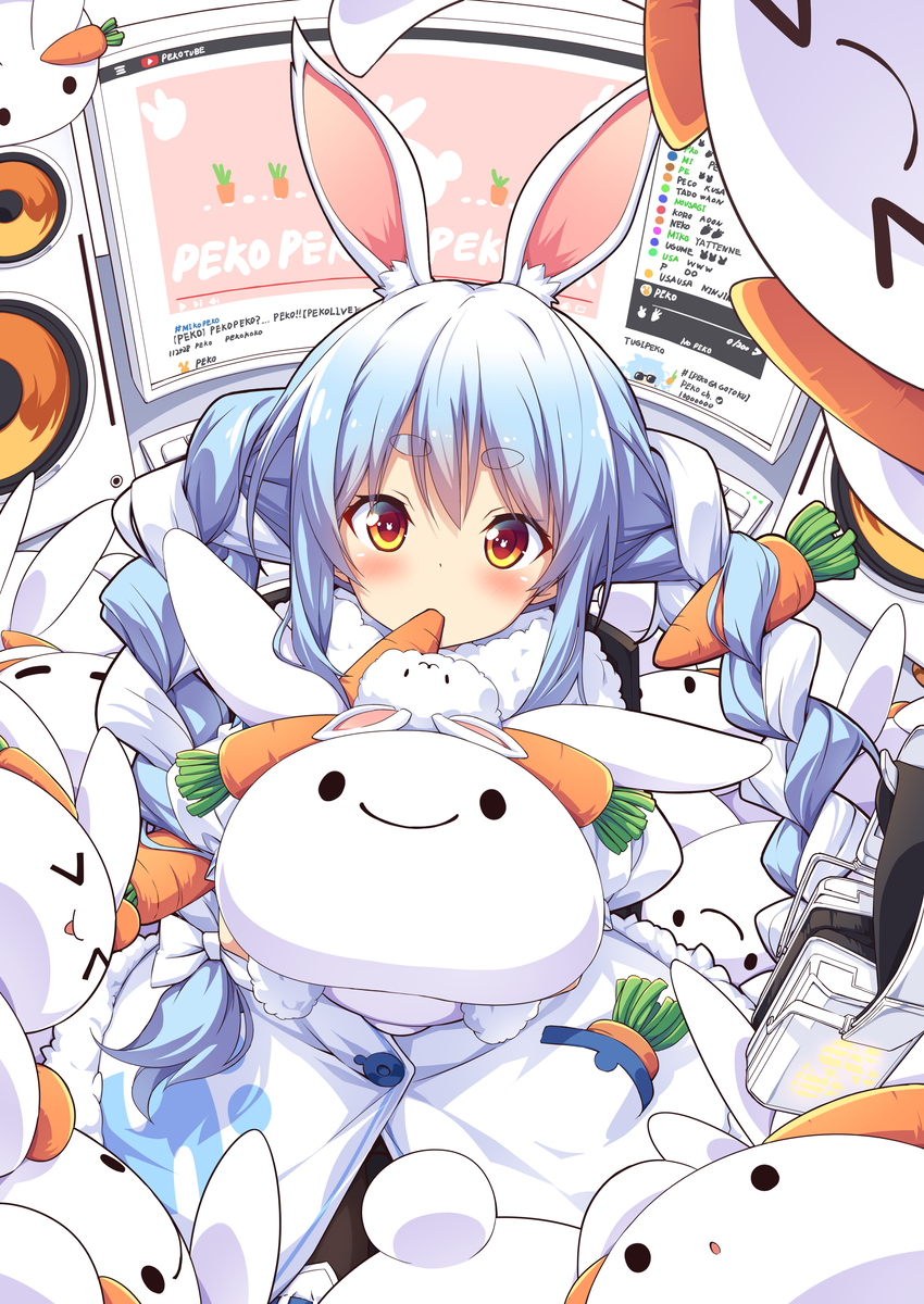 &gt;_&lt; 1girl animal_ear_fluff animal_ears bangs black_legwear blue_hair blush bow braid brand_name_imitation bunny-shaped_pupils carrot carrot_hair_ornament closed_mouth commentary_request detached_sleeves don-chan_(usada_pekora) dress eyebrows_visible_through_hair food_in_mouth food_themed_hair_ornament hair_between_eyes hair_bow hair_ornament headphones headphones_removed highres hololive keyboard_(computer) long_hair looking_at_viewer monitor mouth_hold multicolored_hair nousagi_(usada_pekora) pantyhose puffy_short_sleeves puffy_sleeves rabbit_ears red_eyes romaji_text short_eyebrows short_sleeves smile solid_circle_eyes speaker thick_eyebrows translation_request twin_braids twintails two-tone_hair ugume usada_pekora very_long_hair virtual_youtuber white_bow white_dress white_hair white_sleeves youtube