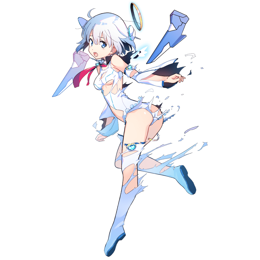 1girl ass bangs blue_eyes boots dennou_tenshi_jibril detached_sleeves detached_wings full_body halo kuuchuu_yousai looking_at_viewer official_art open_mouth short_hair solo thigh-highs thigh_boots torn_clothes transparent_background twisted_torso white_footwear white_hair wings