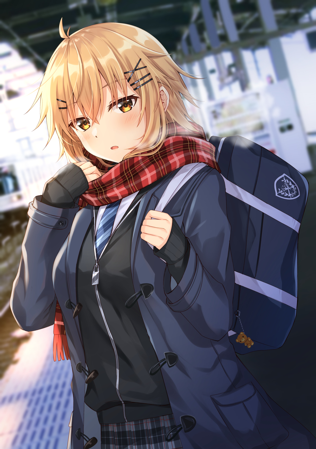 1girl bag bangs black_jacket blonde_hair blue_coat blue_neckwear blurry blurry_background blush breasts breath coat commentary_request day depth_of_field diagonal-striped_neckwear diagonal_stripes eyebrows_visible_through_hair grey_skirt hair_between_eyes hair_ornament hairclip hands_up highres jacket komori_kuzuyu long_sleeves looking_at_viewer nao_(kuzuyu) necktie open_clothes open_coat original outdoors parted_lips plaid plaid_scarf plaid_skirt pleated_skirt red_eyes red_scarf scarf school_bag shirt skirt sleeves_past_wrists small_breasts solo standing striped striped_neckwear train_station train_station_platform white_shirt x_hair_ornament