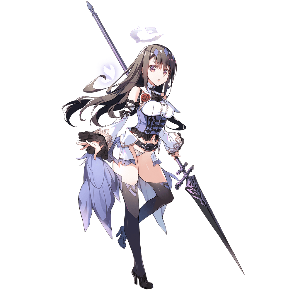 1girl bangs black_footwear brown_eyes brown_hair dennou_tenshi_jibril detached_sleeves full_body hair_ornament halo high_heels holding holding_weapon lance long_hair official_art open_mouth polearm solo thigh-highs transparent_background weapon