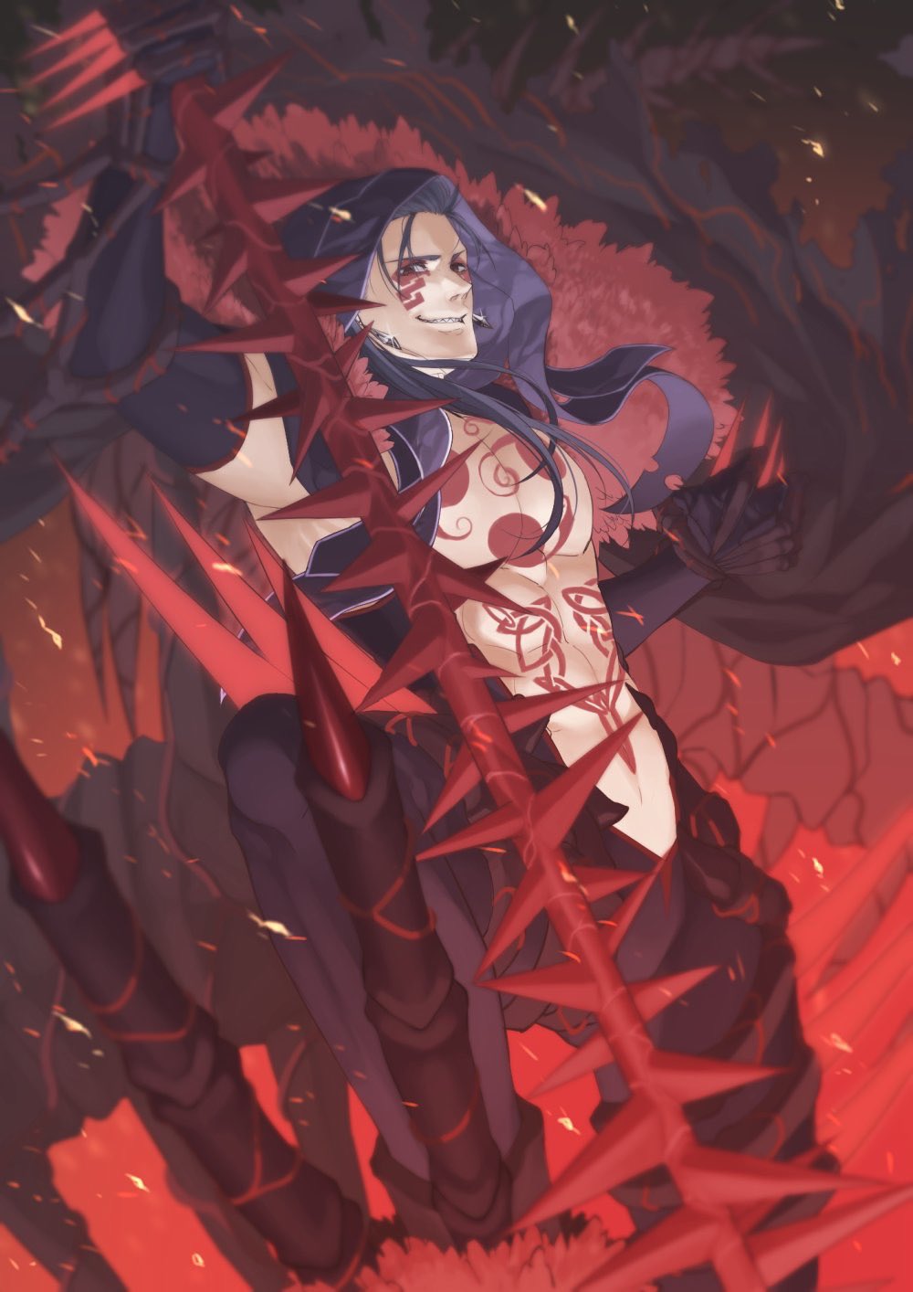 1boy blue_hair bodypaint cape closed_mouth cu_chulainn_(fate)_(all) cu_chulainn_alter_(fate/grand_order) dark_blue_hair dark_persona earrings elbow_gloves facepaint fate/grand_order fate_(series) fire floating_cape floating_hair fur-trimmed_cape fur_trim gae_bolg gloves grin highres holding holding_polearm holding_weapon hood hood_up incho_(hiwaintyo) jewelry knee_up long_hair looking_at_viewer male_focus monster_boy muscular pants polearm ponytail red_eyes sharp_teeth shirtless skin_tight smile solo spikes tail teeth type-moon weapon