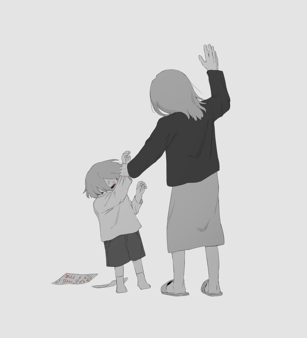 1boy 1girl avogado6 bruise child_abuse closed_eyes colored_skin commentary_request grading grey_hair hand_up hitting injury long_sleeves mother_and_son original paper shirt shorts skirt slippers socks spot_color test white_skin wrist_grab