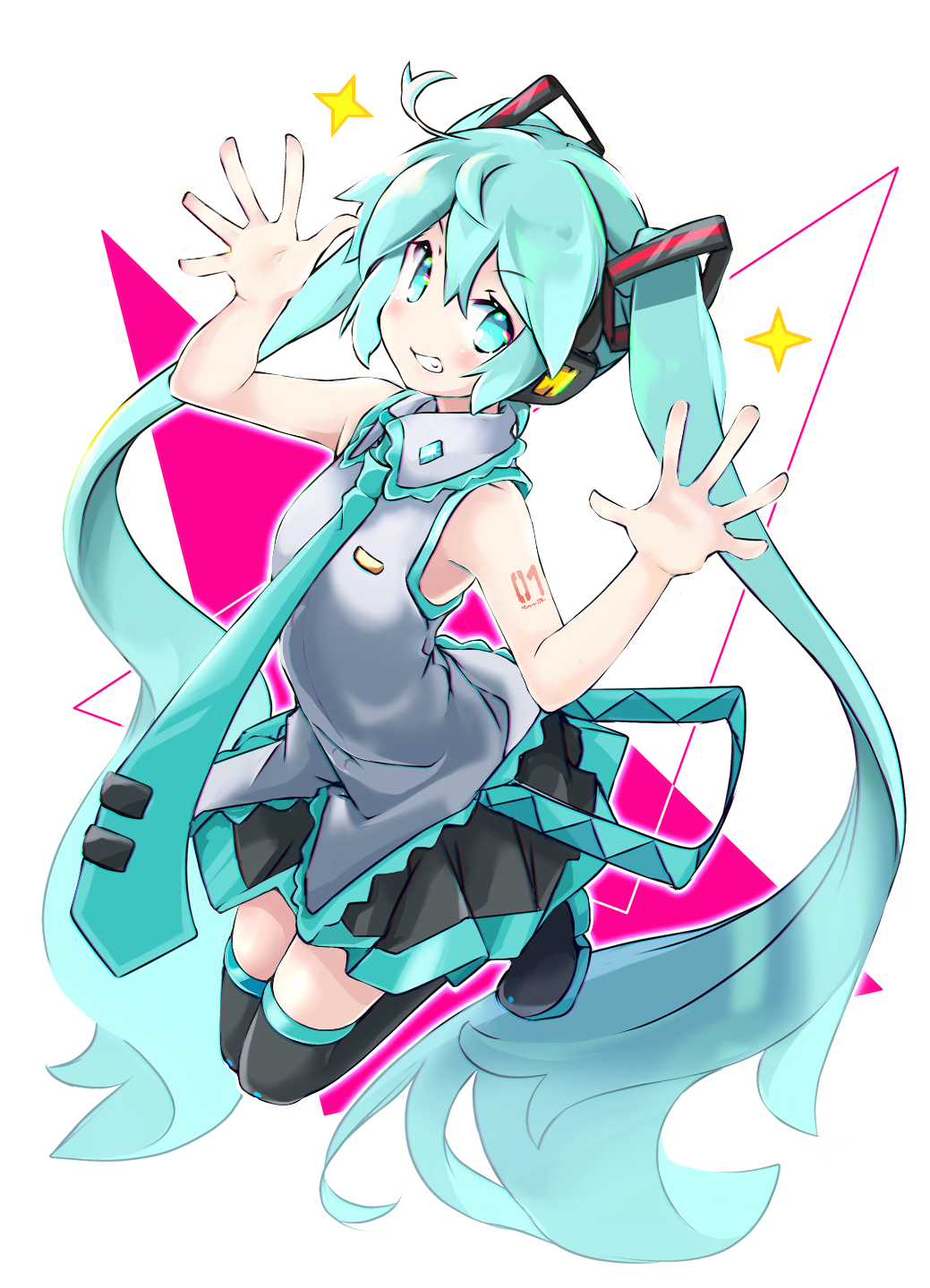 1girl akino_coto aqua_eyes aqua_hair arm_tattoo bare_shoulders black_legwear blush boots full_body grey_shirt grin hands_up hatsune_miku headphones highres legs_up long_hair looking_at_viewer necktie open_hands shirt sleeveless sleeveless_shirt smile solo sparkle symbol_commentary tattoo thigh-highs thigh_boots twintails very_long_hair vocaloid white_background