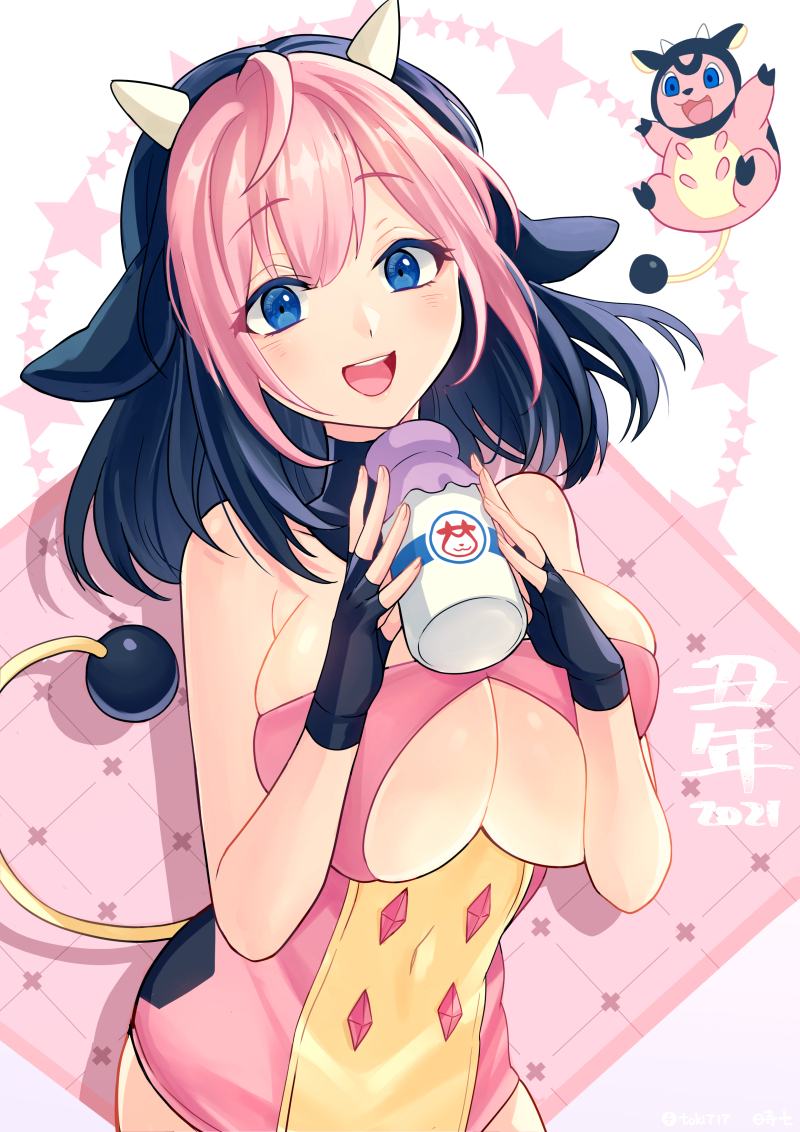 1girl 2021 ahoge bangs black_choker black_gloves black_hair blue_eyes bottle breasts choker clothing_cutout commentary_request covered_navel eyebrows_visible_through_hair eyelashes fingerless_gloves gen_2_pokemon gloves hands_up holding horns milk_bottle miltank moomoo_milk multicolored_hair open_mouth personification pink_hair pokemon smile tail teeth toki_7 tongue two-tone_hair under_boob underboob_cutout