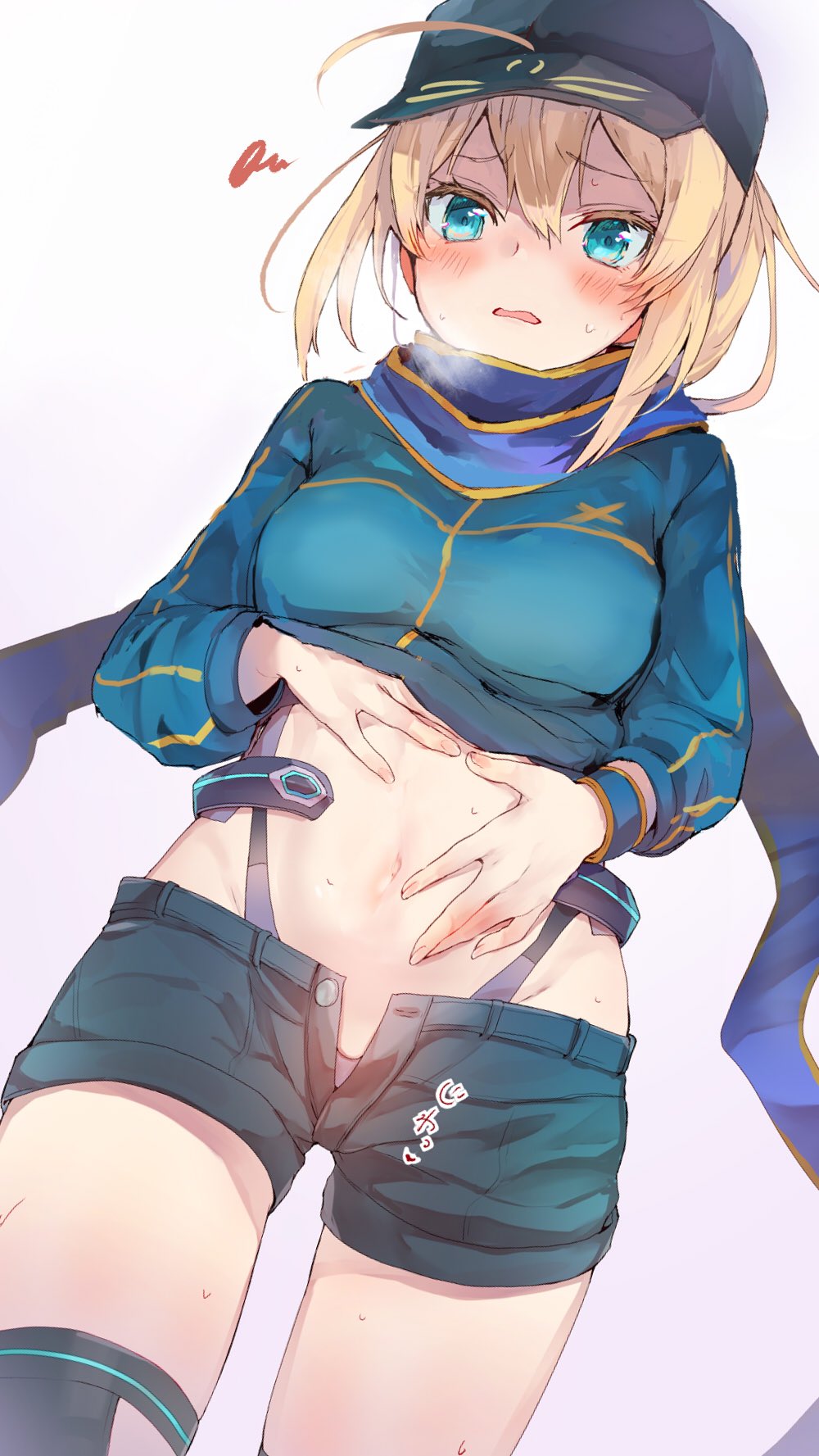 1girl ahoge aqua_eyes artoria_pendragon_(all) baseball_cap black_headwear black_legwear blonde_hair blue_scarf blue_shirt blue_shorts blush breasts breath commentary cowboy_shot fate/grand_order fate_(series) groin hair_between_eyes hand_on_own_stomach hat heavy_breathing highleg highleg_panties highres lifted_by_self medium_breasts midriff mysterious_heroine_x navel open_fly open_mouth panties purple_panties scarf shirt shirt_lift short_hair short_shorts shorts simple_background solo squiggle stomach sweat thigh-highs thighs tomozero underwear white_background