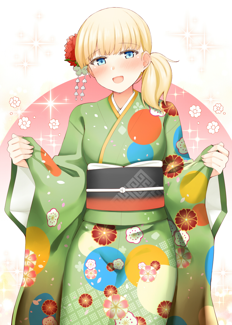 1girl :d blonde_hair blue_eyes blush commentary_request eyebrows_visible_through_hair floral_print green_kimono japanese_clothes kantai_collection kimono long_sleeves obi one_side_up open_mouth print_kimono revision rui_shi_(rayze_ray) sash shin'you_(kantai_collection) short_hair smile solo sparkle wide_sleeves