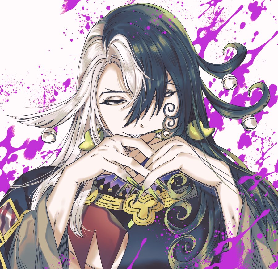 1boy ashiya_douman_(fate) asymmetrical_clothes asymmetrical_hair bell black_eyes black_hair cover cover_page curly_hair earrings evil_smile face fate/grand_order fate_(series) fingernails green_eyeshadow green_kimono green_lipstick green_nails hair_bell hair_between_eyes hair_intakes hair_ornament half-closed_eyes interlocked_fingers japanese_clothes jewelry kimono lipstick long_hair looking_at_viewer magatama magatama_earrings makeup male_focus multicolored_hair open_clothes open_kimono own_hands_together paint paint_splatter sharp_fingernails sharp_teeth smile solo teeth toned toned_male two-tone_hair upper_body very_long_fingernails very_long_hair wani_(mezo) white_hair