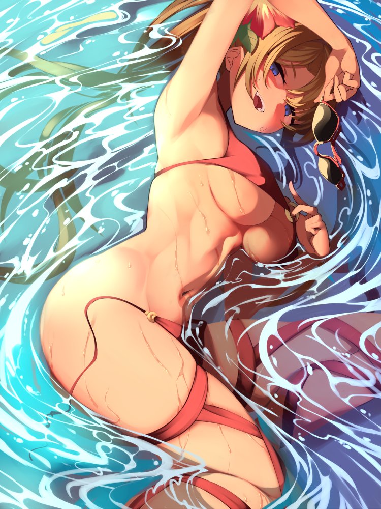 1girl armpits bikini blonde_hair blue_eyes breasts commentary_request duplicate flower granblue_fantasy hair_flower hair_ornament holding holding_eyewear large_breasts long_hair looking_at_viewer lying navel on_side open_mouth partially_submerged red_bikini smile solo sunglasses swimsuit upper_teeth wardrobe_malfunction wat_(worldlog) water wet zeta_(granblue_fantasy)