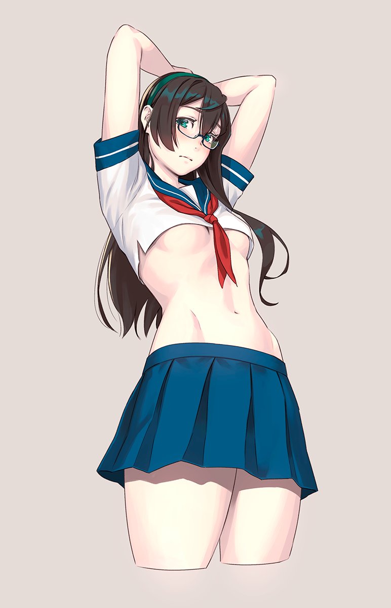 1girl aqua_eyes arms_up bare_arms black_hair blue_skirt blush breasts closed_mouth commentary_request cowboy_shot cropped_legs eyebrows_visible_through_hair highres kantai_collection long_hair looking_at_viewer midriff navel ooyodo_(kantai_collection) pleated_skirt red_neckwear school_uniform short_sleeves simple_background skirt solo stomach thighs under_boob white_background yuuji_(and)