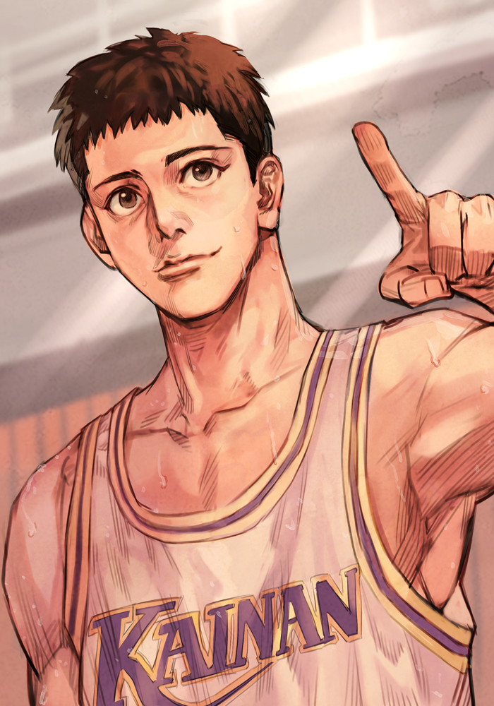 1boy armpits basketball_uniform brown_eyes brown_hair character_request closed_mouth collarbone hand_up hankuri hankuri index_finger_raised indoors looking_at_viewer male_focus muscular slam_dunk smile solo sportswear sweat upper_body