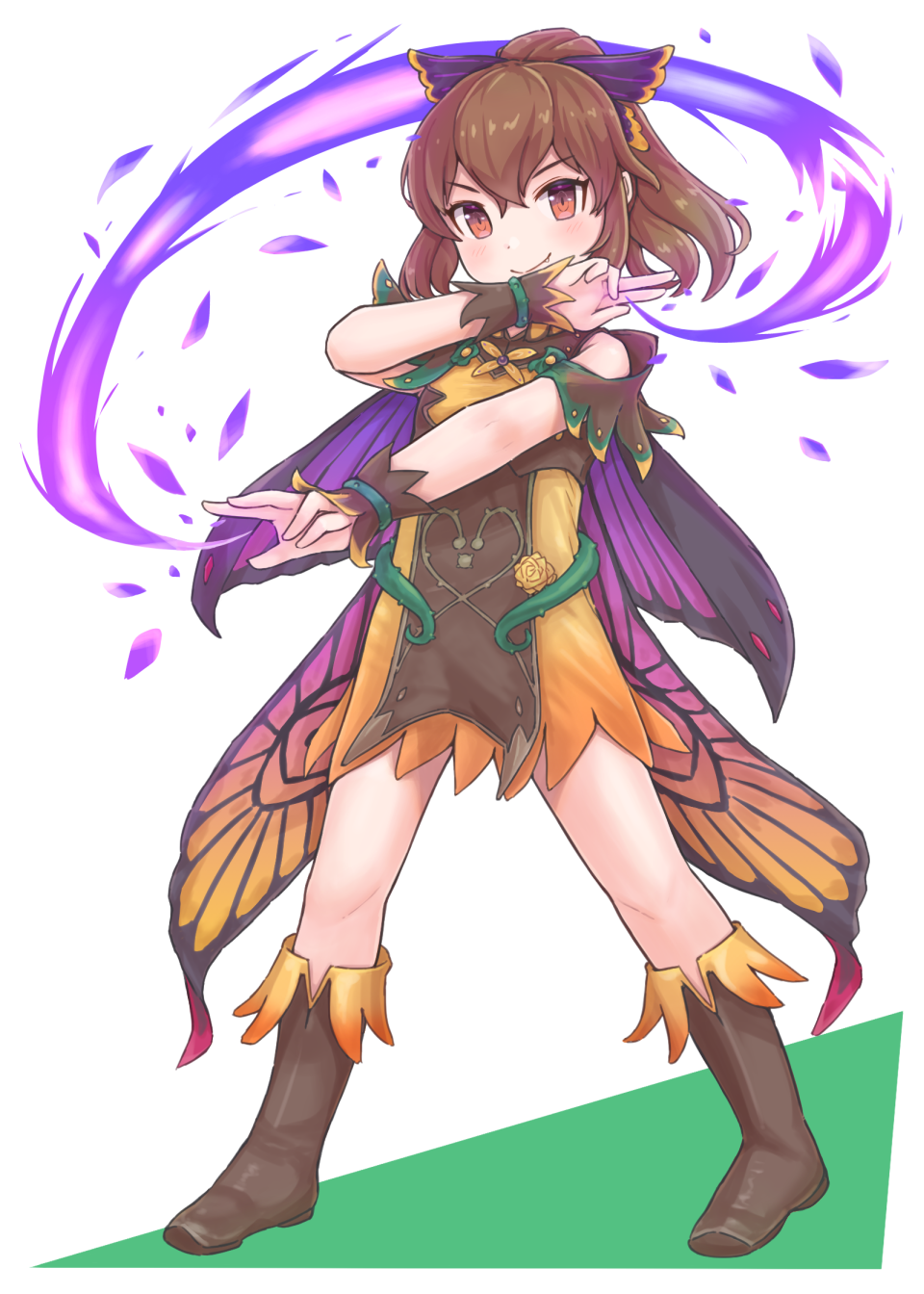 1girl bare_shoulders blush boots bow brown_eyes brown_footwear brown_hair butterfly_wings delthea_(fire_emblem) dress fake_wings fire_emblem fire_emblem_echoes:_shadows_of_valentia fire_emblem_heroes hair_bow highres kutabireta_neko ponytail short_dress simple_background smile solo white_background wings