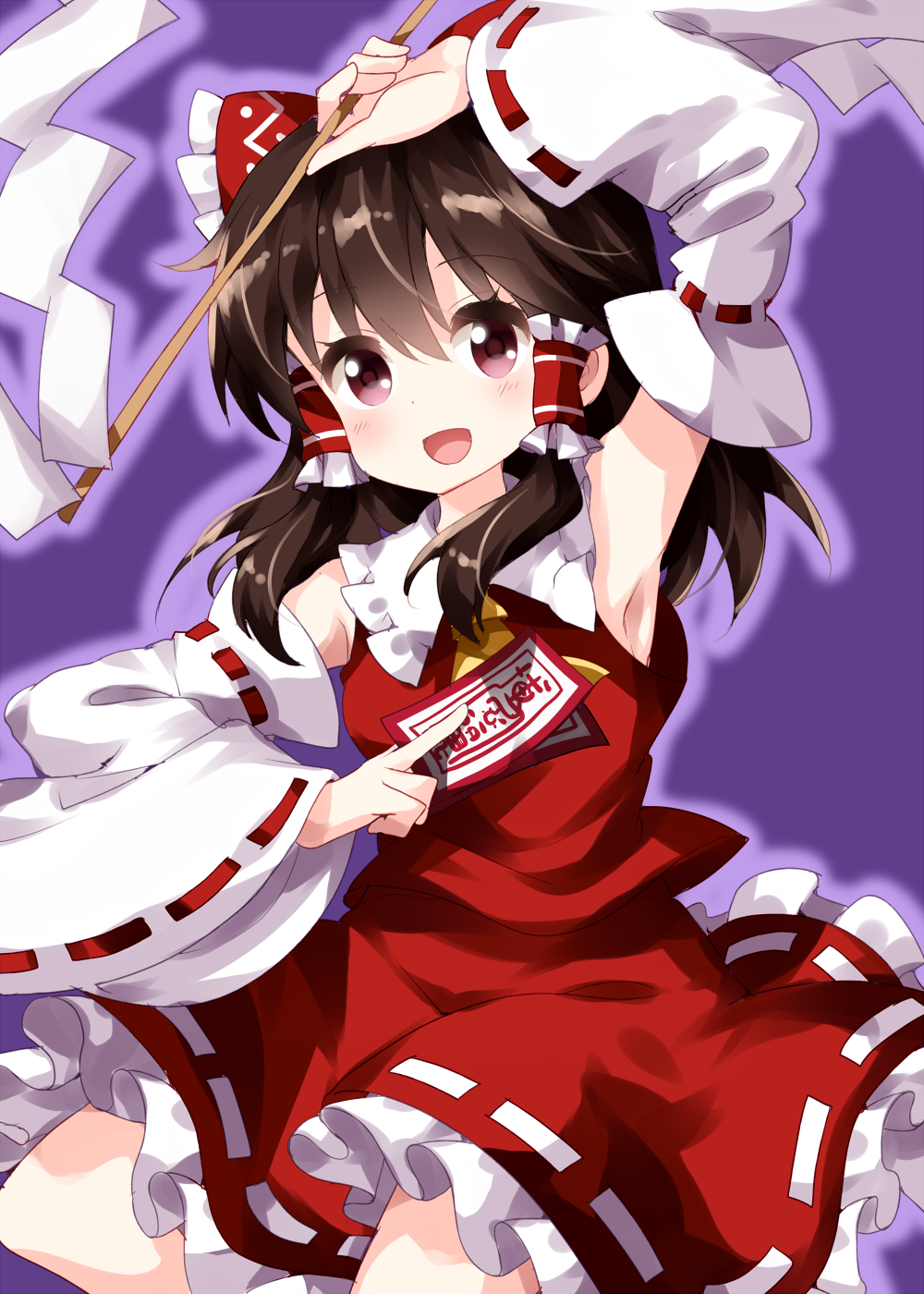 1girl arm_up ascot bangs between_fingers bow brown_hair detached_sleeves eyebrows_visible_through_hair frilled_bow frilled_hair_tubes frilled_skirt frills gohei hair_between_eyes hakurei_reimu highres holding looking_at_viewer medium_hair nontraditional_miko ofuda open_mouth purple_background red_bow red_eyes red_ribbon red_shirt ribbon ribbon-trimmed_skirt ribbon-trimmed_sleeves ribbon_trim ruu_(tksymkw) shirt simple_background skirt smile solo standing touhou white_ribbon wide_sleeves yellow_neckwear