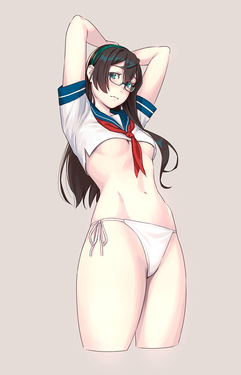 1girl aqua_eyes arms_up bare_arms black_hair blue_eyes blush breasts closed_mouth commentary_request crop_top eyebrows_visible_through_hair glasses hairband highres hip_vent kantai_collection long_hair looking_at_viewer navel no_pants ooyodo_(kantai_collection) panties school_uniform semi-rimless_eyewear side-tie_panties simple_background small_breasts solo stomach string_panties under-rim_eyewear under_boob underwear white_background white_panties yuuji_(and)