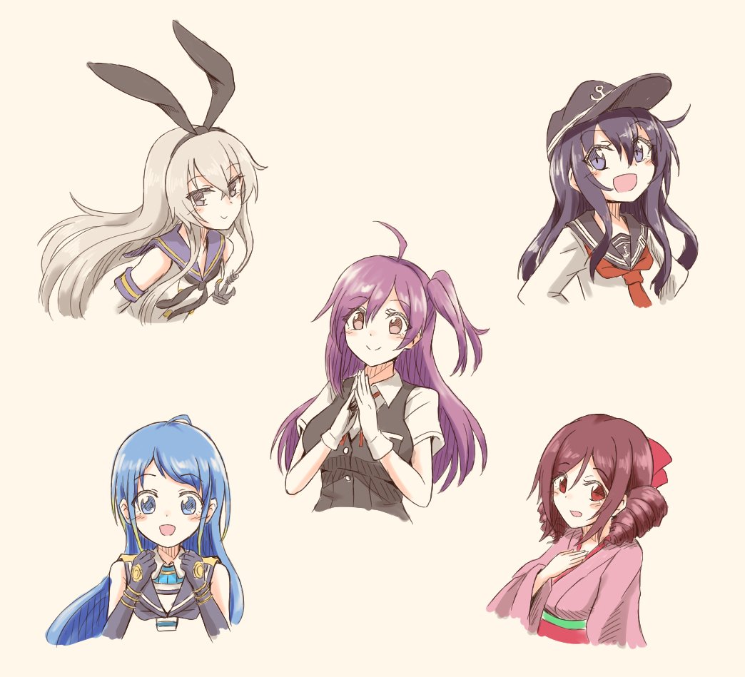 5girls :&gt; ahoge akatsuki_(kantai_collection) anchor_hair_ornament anchor_symbol bangs black_gloves black_headwear blonde_hair blue_hair bow brown_hair clenched_hands cropped_torso drill_hair elbow_gloves eyebrows_visible_through_hair flat_cap gloves hagikaze_(kantai_collection) hair_between_eyes hair_bow hair_ornament hairband hand_on_own_chest harukaze_(kantai_collection) hat japanese_clothes kantai_collection long_hair long_sleeves meiji_schoolgirl_uniform multiple_girls one_side_up open_mouth purple_hair red_neckwear sailor_collar samidare_(kantai_collection) school_uniform serafuku shimakaze_(kantai_collection) short_sleeves simple_background sleeveless smile suke_(share_koube) twin_drills upper_body white_gloves wide_sleeves yellow_background