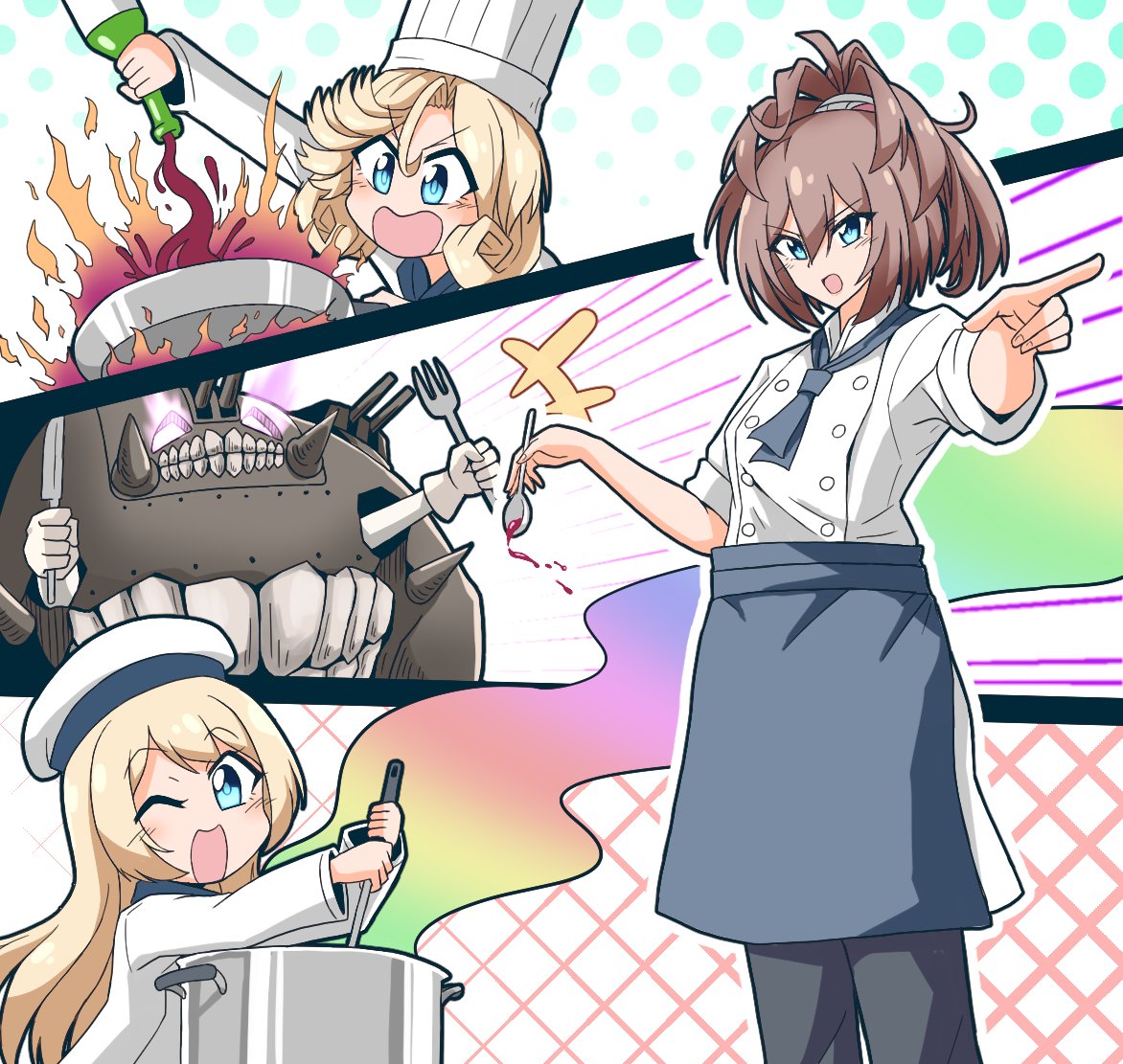 4girls abyssal_ship alternate_costume anzio_princess apron bangs black_pants blonde_hair blue_apron blue_eyes blue_neckwear blush bottle breasts brown_hair chef_hat chef_uniform eyebrows_visible_through_hair fire fork gloves hair_between_eyes hat holding holding_bottle holding_fork holding_spoon janus_(kantai_collection) jervis_(kantai_collection) kantai_collection knife long_hair long_sleeves multiple_girls one_eye_closed open_mouth pants ponytail pot sailor_hat sheffield_(kantai_collection) short_hair simple_background spoon suke_(share_koube) teeth waist_apron white_gloves white_headwear