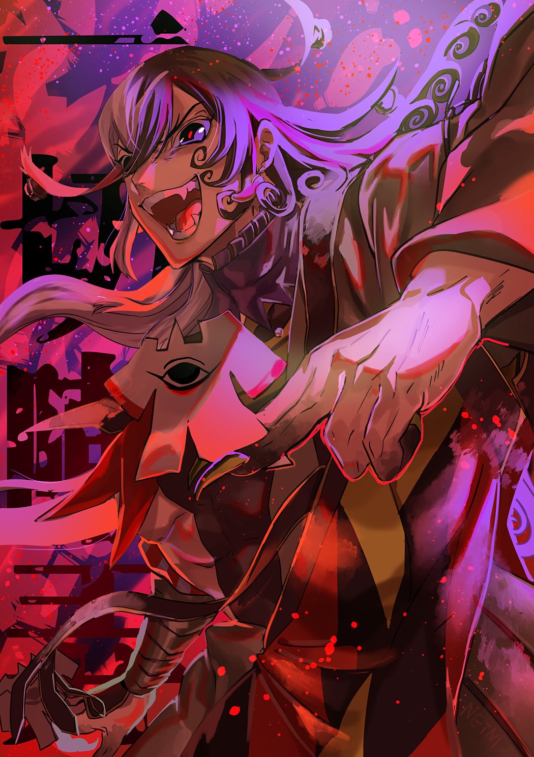 1boy ashiya_douman_(fate) asymmetrical_clothes asymmetrical_hair bell black_eyes black_hair blood blood_splatter covered_abs cowboy_shot curly_hair earrings evil_grin evil_smile fate/grand_order fate_(series) fingernails green_kimono green_nails grin hair_bell hair_between_eyes hair_intakes hair_ornament highres japanese_clothes jewelry kimono long_hair magatama magatama_earrings male_focus multicolored_hair nonono_nagata open_clothes open_kimono open_mouth red_theme sharp_fingernails shikigami smile solo toned toned_male two-tone_hair very_long_fingernails very_long_hair white_hair