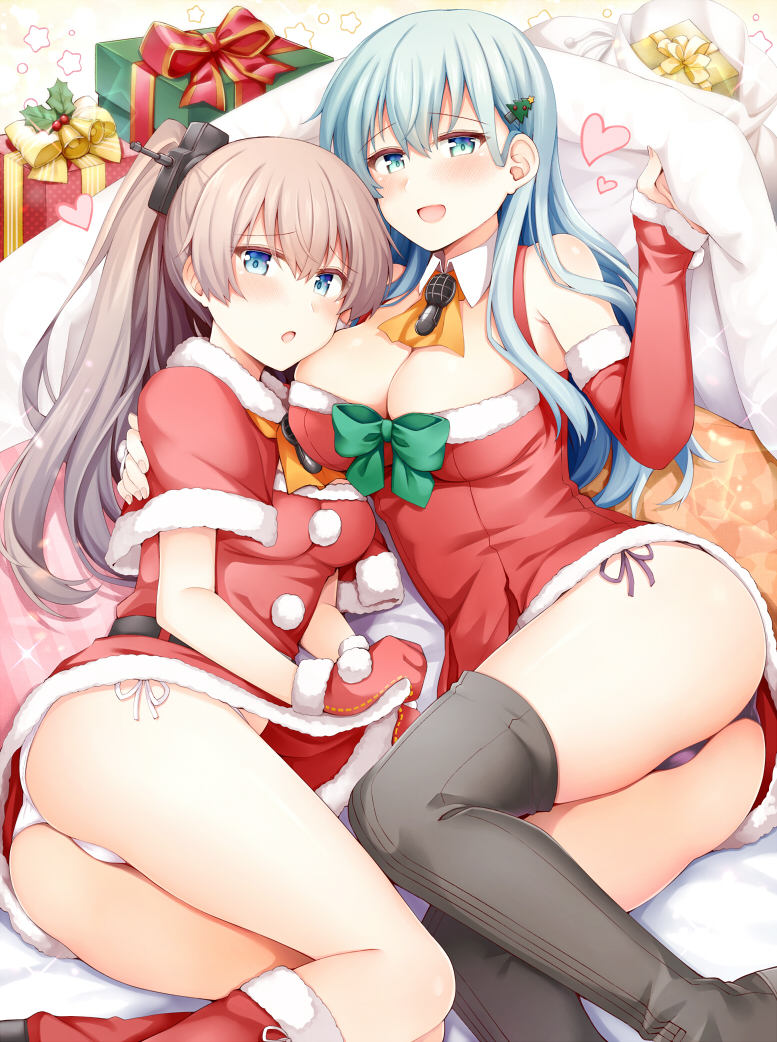 2girls black_footwear blue_eyes blush boots box breasts brown_hair christmas commentary detached_collar eyebrows_visible_through_hair gift gift_box green_eyes green_hair hair_between_eyes heart kantai_collection kumano_(kantai_collection) large_breasts long_hair multiple_girls open_mouth panties pom_pom_(clothes) ponytail purple_panties revision rui_shi_(rayze_ray) sack santa_costume short_sleeves smile star_(symbol) suzuya_(kantai_collection) thigh-highs thigh_boots underwear white_panties