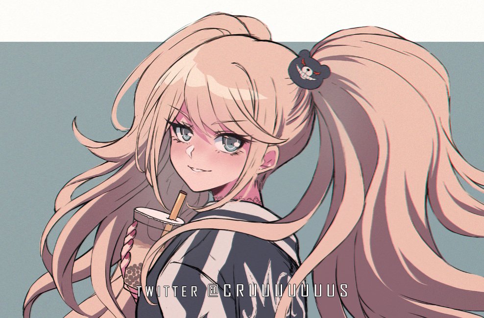 1girl bangs bear_hair_ornament blue_eyes blush bubble_tea commentary criis-chan dangan_ronpa:_trigger_happy_havoc dangan_ronpa_(series) drinking_straw enoshima_junko eyebrows_visible_through_hair face from_side green_background hair_ornament hand_up long_hair looking_at_viewer red_nails smile solo twintails twitter_username upper_body white_background