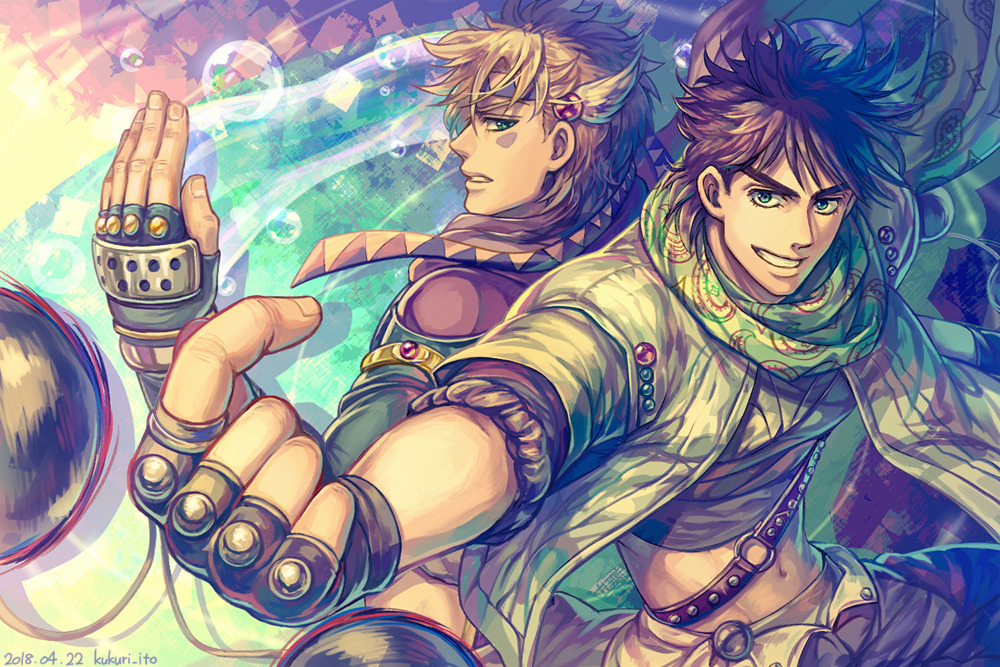 2boys armlet artist_name back-to-back battle_tendency belt blonde_hair bola_(weapon) brown_hair bubble clacker dated dyresbroom feathers fingerless_gloves gloves green_eyes grin hair_feathers hair_ornament headband index_finger_raised jojo_no_kimyou_na_bouken looking_at_viewer looking_back male_focus midriff multiple_boys navel official_alternate_costume open_fly paisley patterned_clothing scarf short_hair shoulder_belt sideways_glance smile studded_belt triangle_print unbuttoned