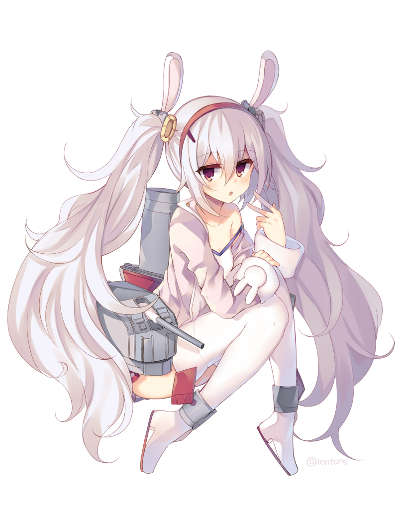 1girl :o animal_ears azur_lane bangs blush breasts brown_eyes camisole cannon collarbone commentary eyebrows_visible_through_hair full_body grey_hair hair_between_eyes hair_ornament hairband hands_up jacket laffey_(azur_lane) long_hair long_sleeves looking_at_viewer machinery off_shoulder open_clothes open_jacket parted_lips pink_jacket rabbit_ears red_hairband red_skirt rento_(rukeai) shoes simple_background skirt sleeves_past_wrists small_breasts solo strap_slip thigh-highs turret twintails very_long_hair white_background white_camisole white_footwear white_legwear