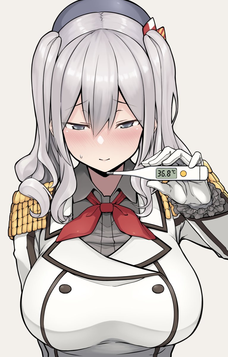 1girl bangs beret blush breasts closed_mouth digital_thermometer epaulettes gloves grey_background grey_eyes hair_between_eyes hat highres holding huge_breasts kantai_collection kashima_(kantai_collection) long_hair long_sleeves military military_uniform nose_blush red_neckwear satou_samu silver_hair simple_background solo sweat thermometer twintails uniform upper_body wavy_hair white_gloves