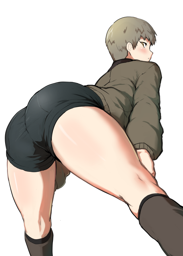 1girl ass bangs bent_over black_footwear black_shorts blush boots brown_eyes brown_hair brown_jacket commentary_request from_behind girls_und_panzer hands_on_own_knees jacket knee_boots long_sleeves looking_at_viewer looking_back military military_uniform naomi_(girls_und_panzer) no_emblem parted_lips sasaki_tatsuya saunders_military_uniform short_hair shorts solo spread_legs standing uniform very_short_hair