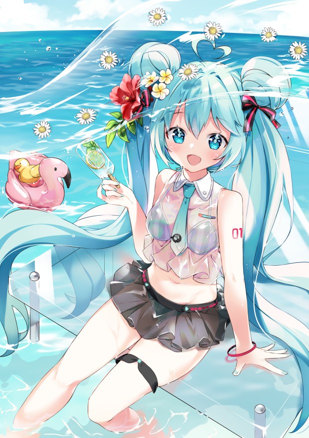 1girl ahoge arami_o_8 bikini bird blue_eyes blue_hair bracelet commentary daisy double_bun flamingo flower food hair_between_eyes hair_flower hair_ornament hair_ribbon hatsune_miku holding holding_food inflatable_flamingo inflatable_toy jewelry long_hair looking_at_viewer nail_polish necktie open_mouth outdoors popsicle ribbon rubber_duck see-through sitting smile soaking_feet solo swimsuit twintails very_long_hair vocaloid water