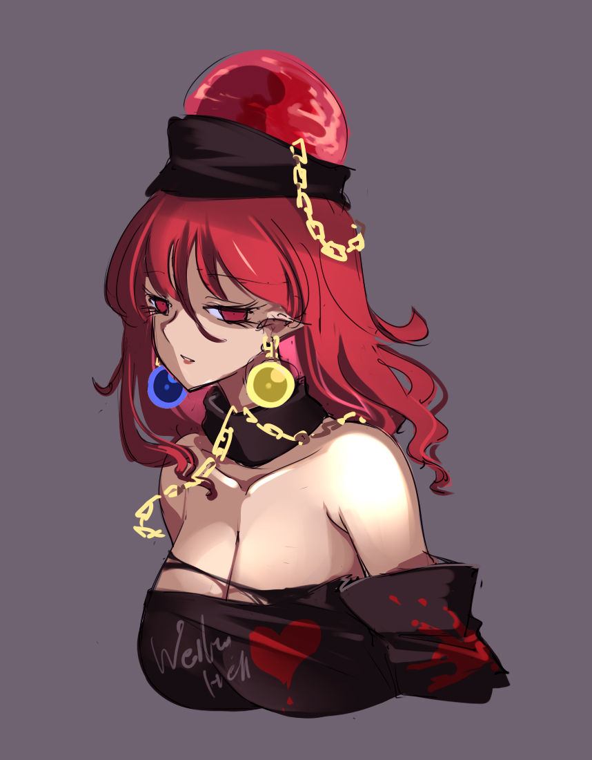 1girl black_shirt breasts chain earrings gold_chain hecatia_lapislazuli jewelry large_breasts off-shoulder_shirt off_shoulder plaid plaid_skirt polos_crown raptor7 red_eyes redhead shirt skirt solo t-shirt touhou