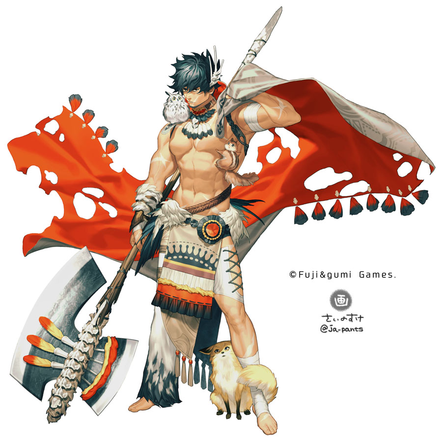 1boy abs animal animal_on_shoulder axe bandaged_arm bandaged_leg bandages barefoot belt bird black_eyes black_hair dare_ga_tame_no_alchemist duplicate facial_hair feathers hair_between_eyes holding holding_axe holding_weapon japants male_focus muscular navel official_art owl scar scar_on_mouth shirtless simple_background squirrel toenails torn torn_clothes tribal veins weapon white_background