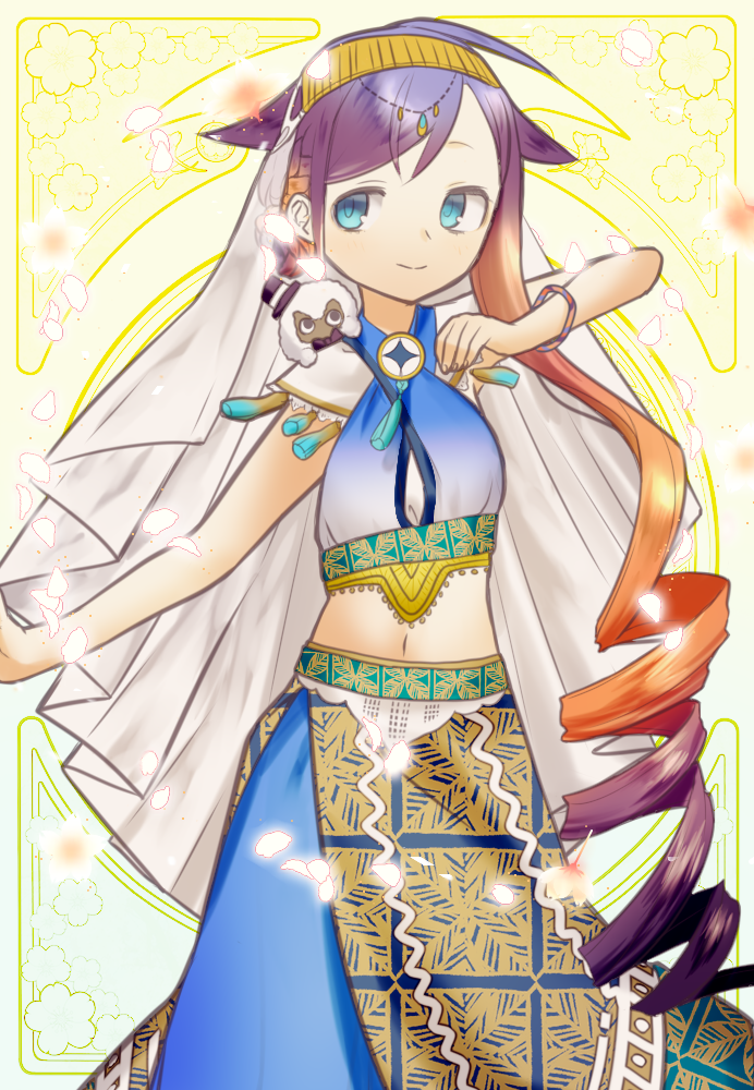 1girl akira_(meltyhip) blue_eyes blue_skirt bracelet closed_mouth drill_hair fingernails flat_chest gradient_hair hair_flaps hairband hand_up jewelry long_hair looking_at_viewer midriff multicolored_hair navel orange_hair original pixiv_fantasia pixiv_fantasia_age_of_starlight purple_hair skirt smile solo tagme tassel unmoving_pattern veil very_long_hair