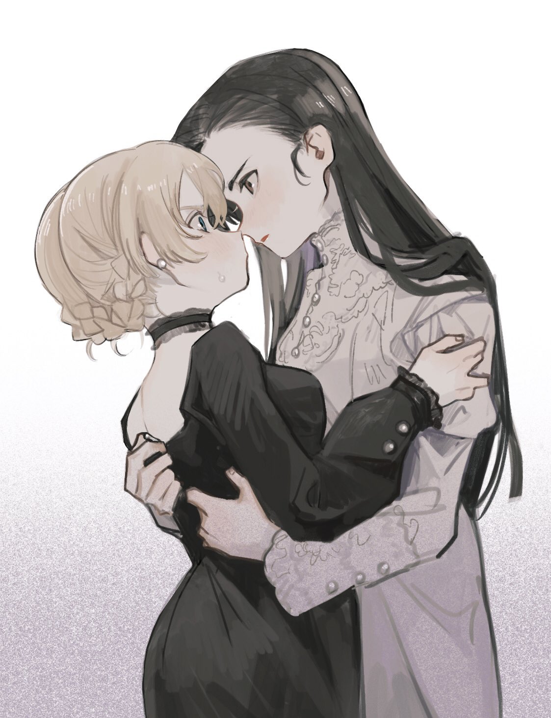 2girls alternate_costume black_dress black_hair blonde_hair blush braid brown_eyes choker cowboy_shot darjeeling_(girls_und_panzer) dress earrings eye_contact forehead-to-forehead french_braid from_side girls_und_panzer highres jewelry juliet_sleeves long_hair long_sleeves looking_at_another multiple_girls nishi_kinuyo pearl_earrings puffy_sleeves short_hair sweat tama_launcher white_dress yuri