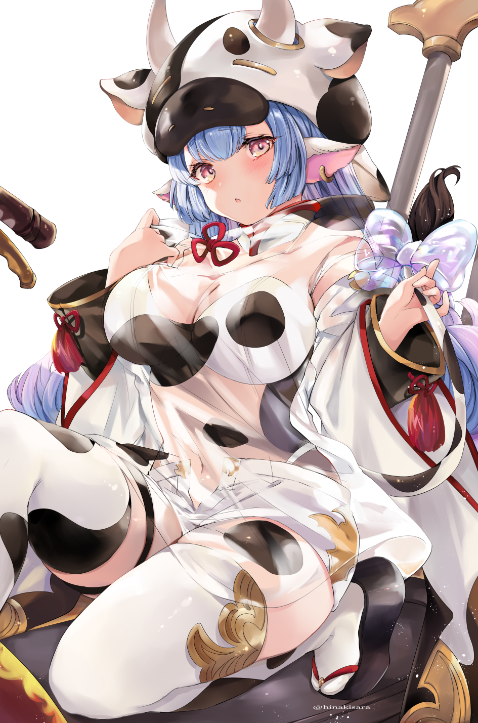 1girl animal_costume animal_ears animal_print bangs blue_hair blush breasts cow_costume cow_ears cow_girl cow_hat cow_hood cow_horns cow_print cow_tail draph ear_piercing granblue_fantasy highres hinahino horns large_breasts long_hair looking_at_viewer micro_shorts navel open_fly piercing pointy_ears shatola_(granblue_fantasy) sheer_clothes shorts simple_background solo tail thigh-highs white_background white_legwear white_shorts