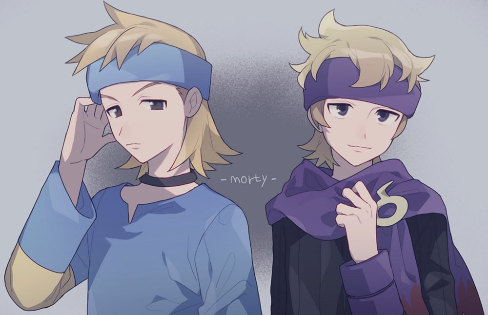 2boys bangs black_choker black_sweater blonde_hair blue_headband blue_shirt character_name choker closed_mouth commentary_request dual_persona grey_eyes gym_leader hand_up head_tilt headband long_sleeves male_focus morty_(pokemon) multiple_boys oshi_taberu pokemon pokemon_(game) pokemon_gsc pokemon_hgss purple_headband ribbed_sweater shirt sweater upper_body