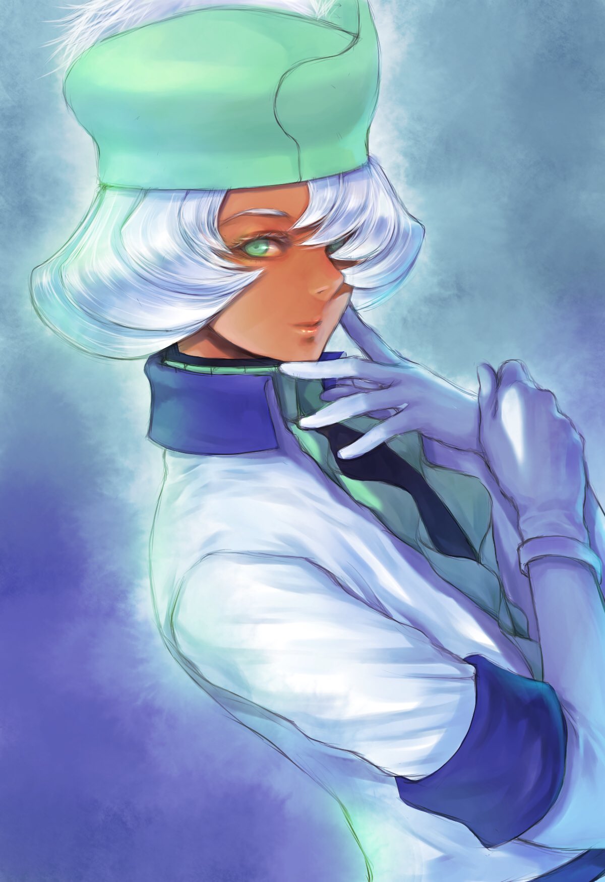 1boy dark_skin dark_skinned_male gloves green_eyes green_headwear green_shirt gundam hair_over_one_eye hat highres jacket looking_at_viewer loran_cehack shirt short_hair silver_hair takeda_yuuko turn_a_gundam turtleneck white_gloves white_jacket