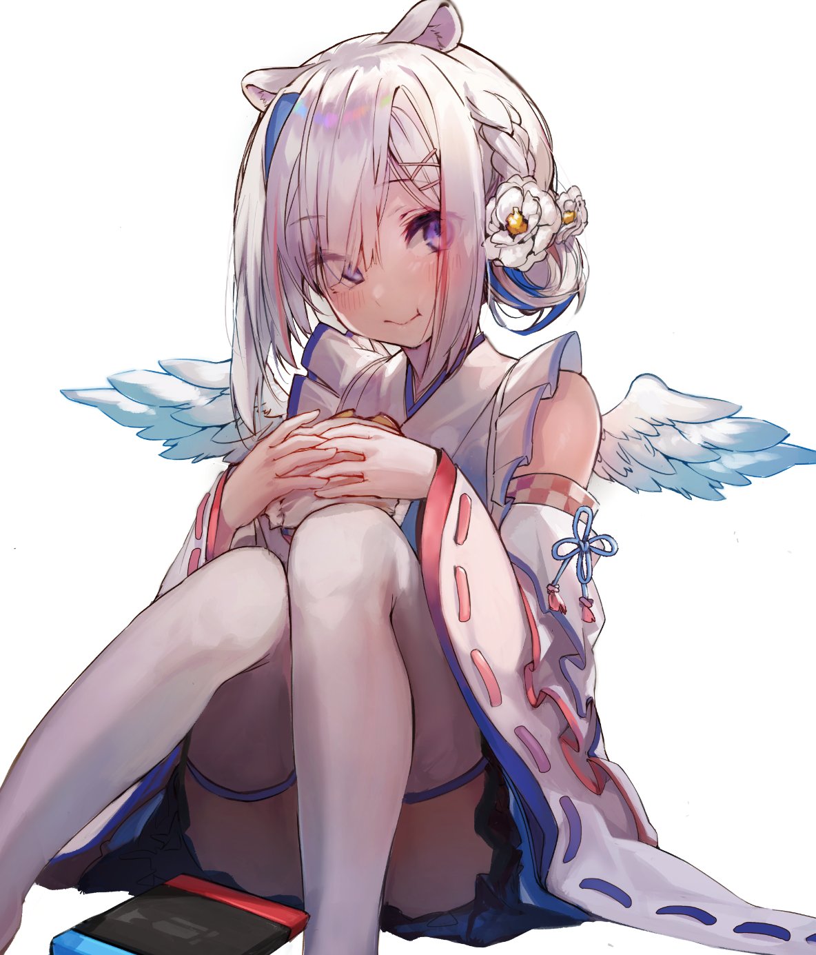 1girl akieda amane_kanata angel_wings animal_ears bare_shoulders blush braid detached_sleeves flower food hair_flower hair_ornament hair_over_one_eye hamburger highres hololive japanese_clothes maid miko mini_wings multicolored_hair nintendo_switch sitting skirt smile solo violet_eyes virtual_youtuber white_hair white_legwear wide_sleeves wings