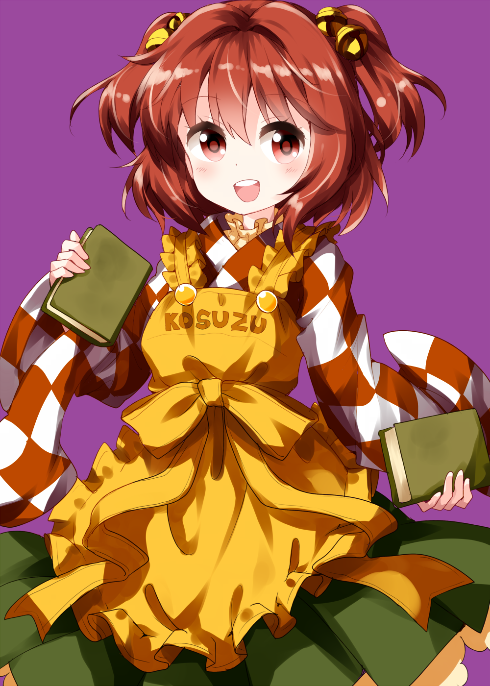 1girl apron bangs bell book checkered checkered_kimono clothes_writing cowboy_shot eyebrows_visible_through_hair green_skirt hair_bell hair_between_eyes hair_ornament highres holding holding_book japanese_clothes kimono long_sleeves looking_at_viewer medium_hair motoori_kosuzu open_mouth purple_background red_eyes redhead ruu_(tksymkw) simple_background skirt smile solo standing teeth touhou twintails wide_sleeves yellow_apron