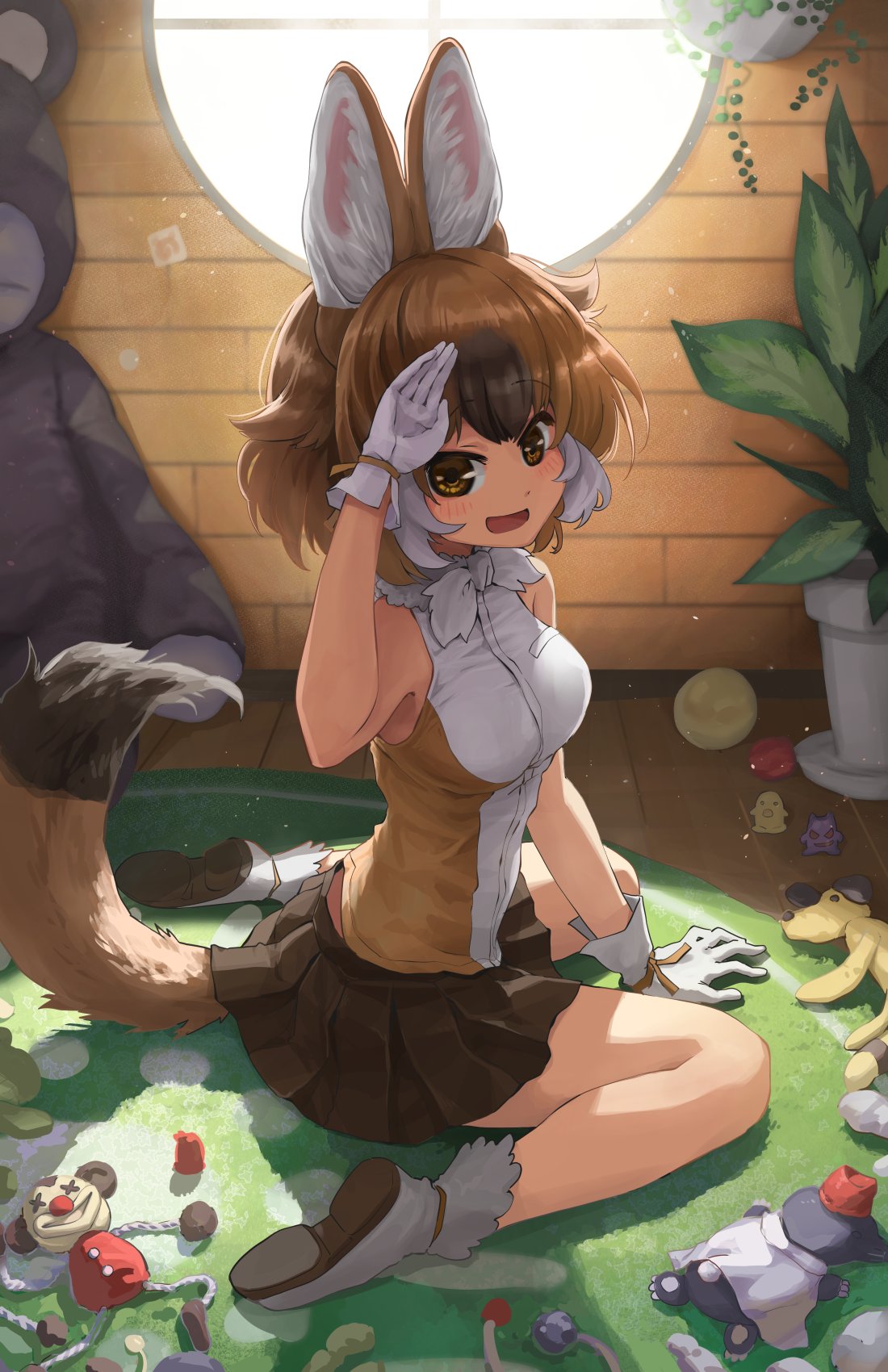 1girl animal_ears bare_shoulders blush boots brown_eyes brown_shirt commentary dhole_(kemono_friends) dog_ears dog_girl dog_tail eyebrows_visible_through_hair gloves highres kemono_friends looking_at_viewer melaton open_mouth salute shirt sitting sleeveless smile solo stuffed_animal stuffed_toy tail teddy_bear toy two-tone_shirt wariza white_footwear white_gloves white_shirt