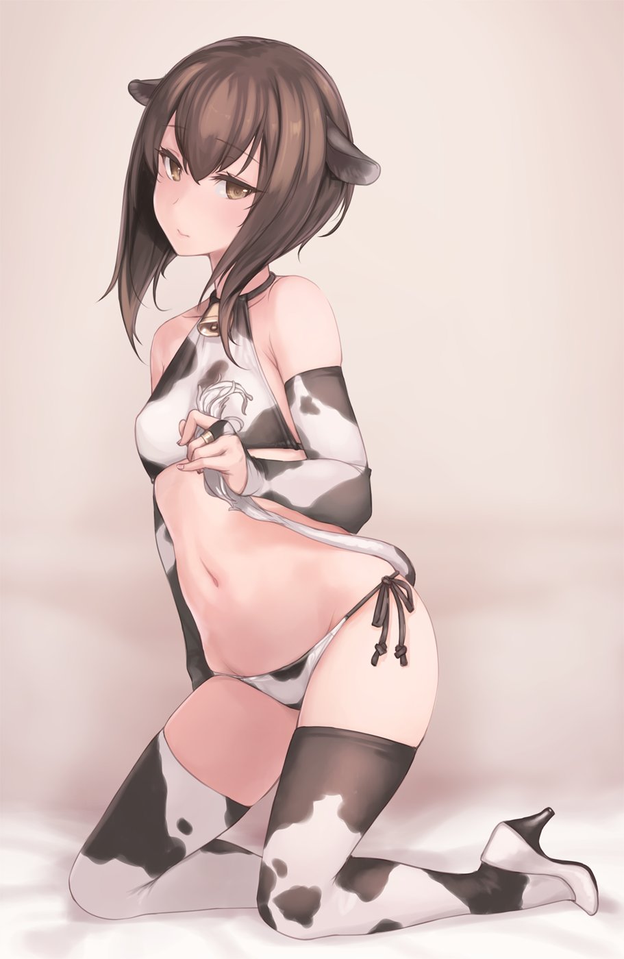 1girl animal_ears animal_print artist_name bangs bell bikini blush brown_eyes brown_hair closed_mouth collarbone cow_ears cow_print cow_tail cowbell cowboy_shot dated eyebrows_visible_through_hair flat_chest grey_background hair_between_eyes high_heels highres holding holding_tail kantai_collection kneeling revision rokuwata_tomoe short_hair side-tie_bikini signature simple_background solo swimsuit taihou_(kantai_collection) tail thigh-highs twitter_username