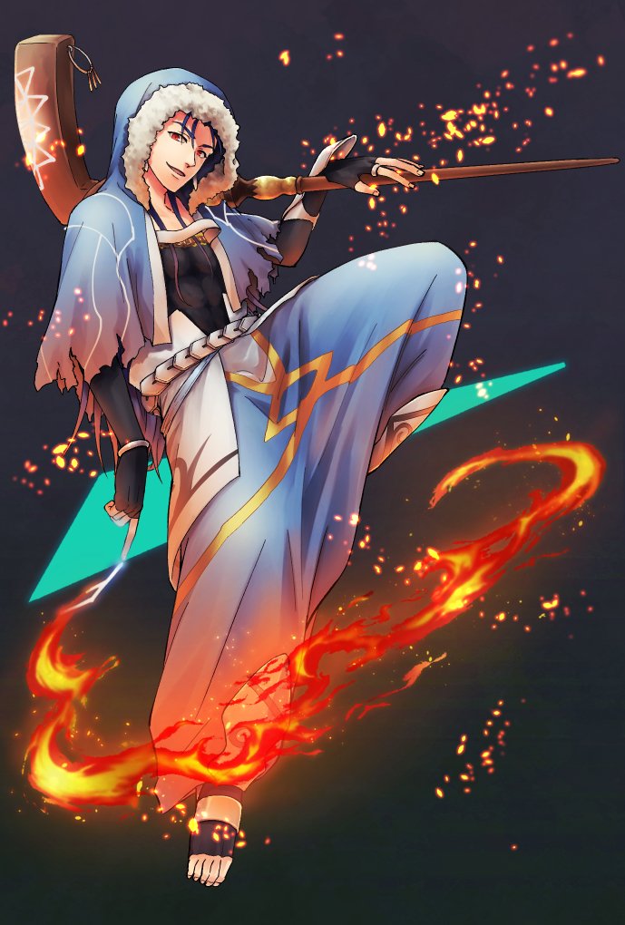 1boy belt blue_hair bracelet capelet casting_spell cu_chulainn_(fate)_(all) cu_chulainn_(fate/grand_order) earrings embers fate/grand_order fate_(series) fire fur-trimmed_hood fur_trim greaves holding holding_staff hood hood_up hooded_capelet jewelry knee_up long_hair looking_at_viewer male_focus open_toe_shoes pants pointing red_eyes skin_tight smile solo staff tamayan_(tmyaaa_tk) type-moon vambraces wooden_staff