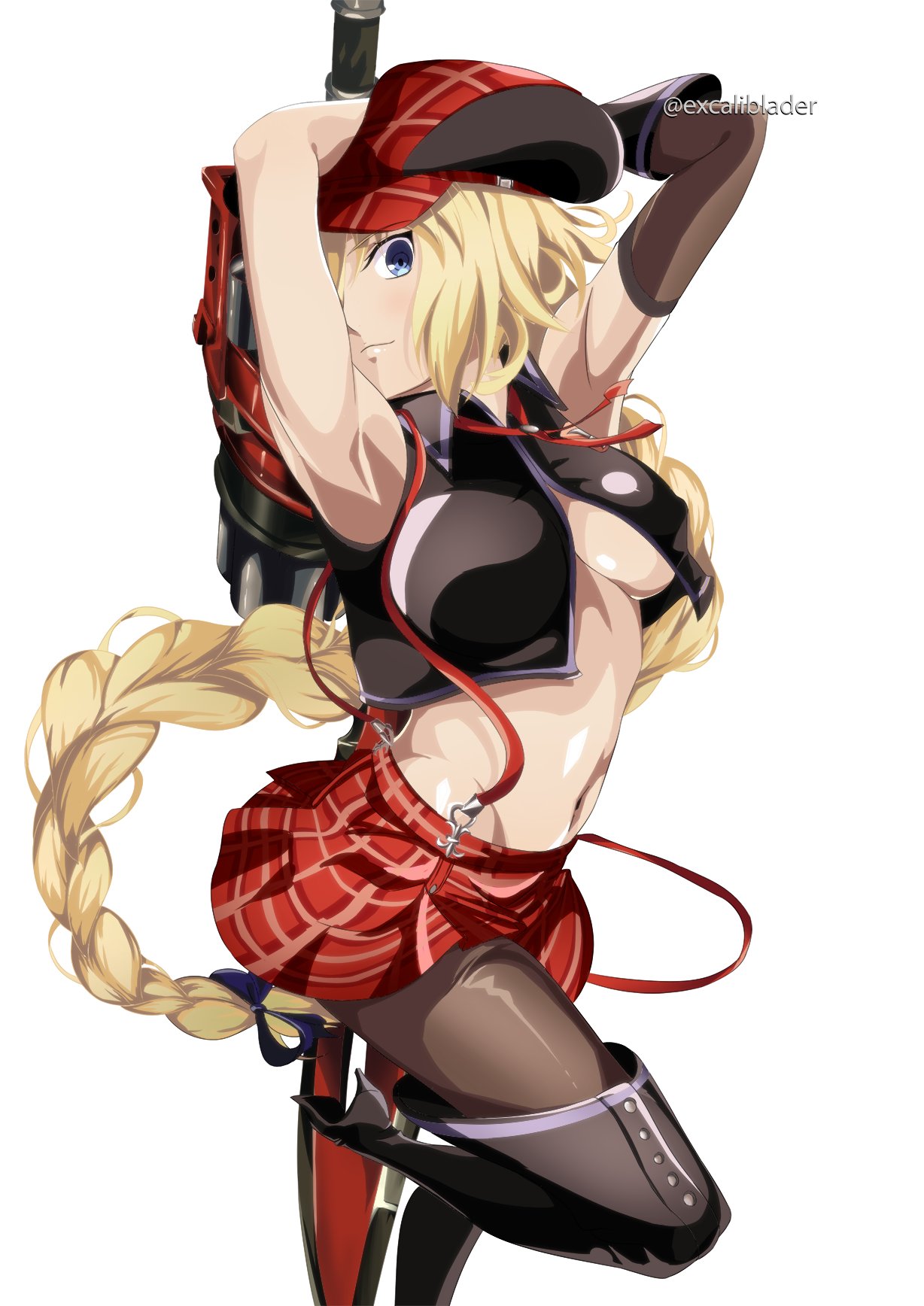 alisa_ilinichina_amiella armpits arms_up bare_shoulders blonde_hair blue_eyes boots braid breasts cosplay cropped_shirt detached_sleeves excaliblader fate/grand_order fate_(series) gloves god_eater hat high_heels highres jeanne_d'arc_(fate)_(all) large_breasts long_hair miniskirt pantyhose plaid plaid_headwear plaid_skirt skirt suspenders thigh-highs thigh_boots under_boob very_long_hair watermark